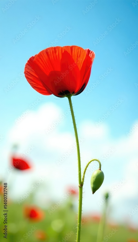 Naklejka premium Single red poppy isolated on white background against blue sky, solitary, landscape