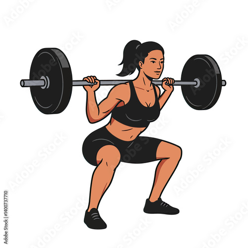 Squat Challenge: A determined woman embraces the barbell and performs a power-packed squat. This powerful illustration captures the essence of strength, fitness, and unwavering dedication.