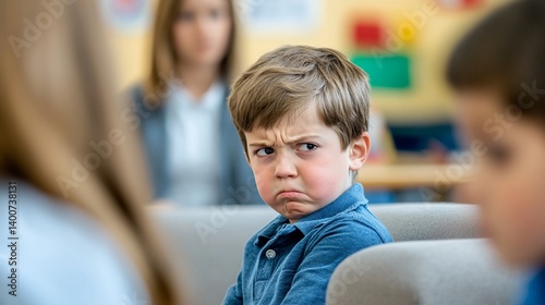 Young boy with a frustrated and pouty expression sits in a classroom, displaying a mix of emotions during a challenging moment in his school day