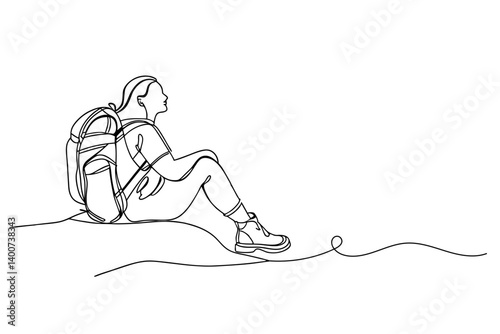 one line drawing of Woman hiker with backpack sitting, vector illustration 