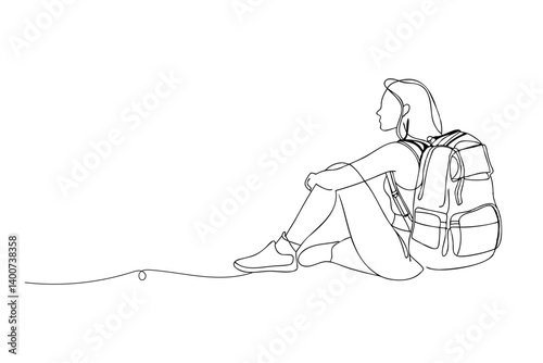 one line drawing of Woman hiker with backpack sitting, vector illustration 