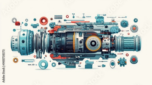 Detailed exploded view of a complex engine, components scattered, technical illustration