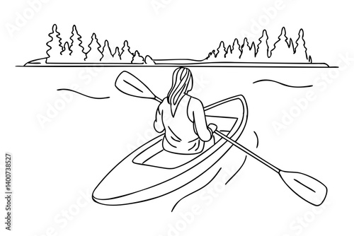  one line drawing of woman kayaking on beautiful lake waters, vector 