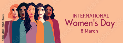 March 8. Women's Day. Different women, girls of different cultures and skin colors stand together. Feminism. Gender equality and women's empowerment. Vector banner template for women's projects