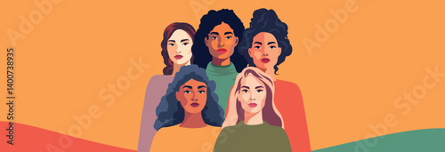 Women's Day. March 8. Different women, girls of different nationalities and skin colors stand together. Feminism. Gender equality and women's empowerment. Vector bright template for women's projects
