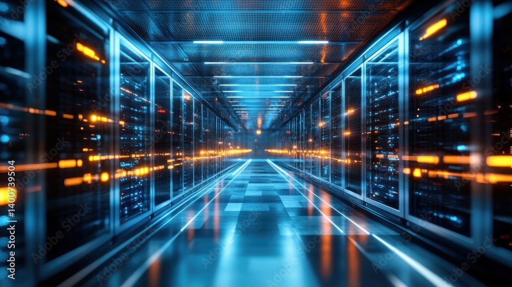 Digital Data Center: A Futuristic Server Room Corridor Digital Data Center: A Futuristic Server Room Corridor