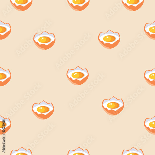 Seamless pattern with cracked eggs and bright yellow yolks on a cream background. Minimalist food-themed vector design for culinary decor, kitchen textiles, and packaging.