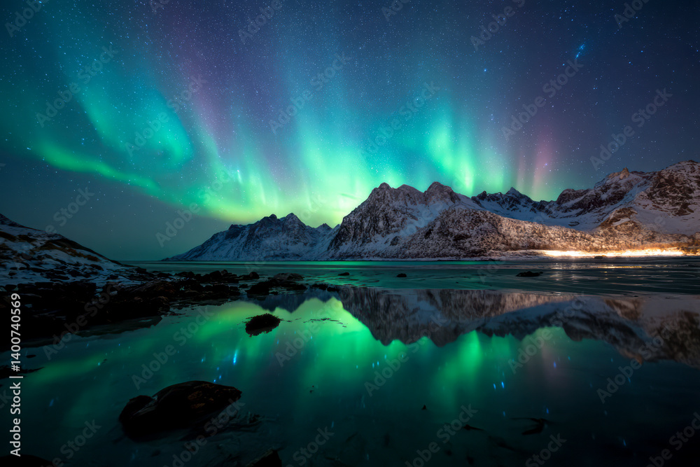 Obraz premium Spectacular Nighttime Aurora Over Lofoten Islands, Norway