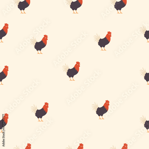 Seamless pattern roosters on a light beige background. Farm animal design in flat vector style