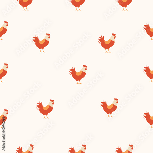 Seamless pattern roosters on a light beige background. Farm animal design in flat vector style