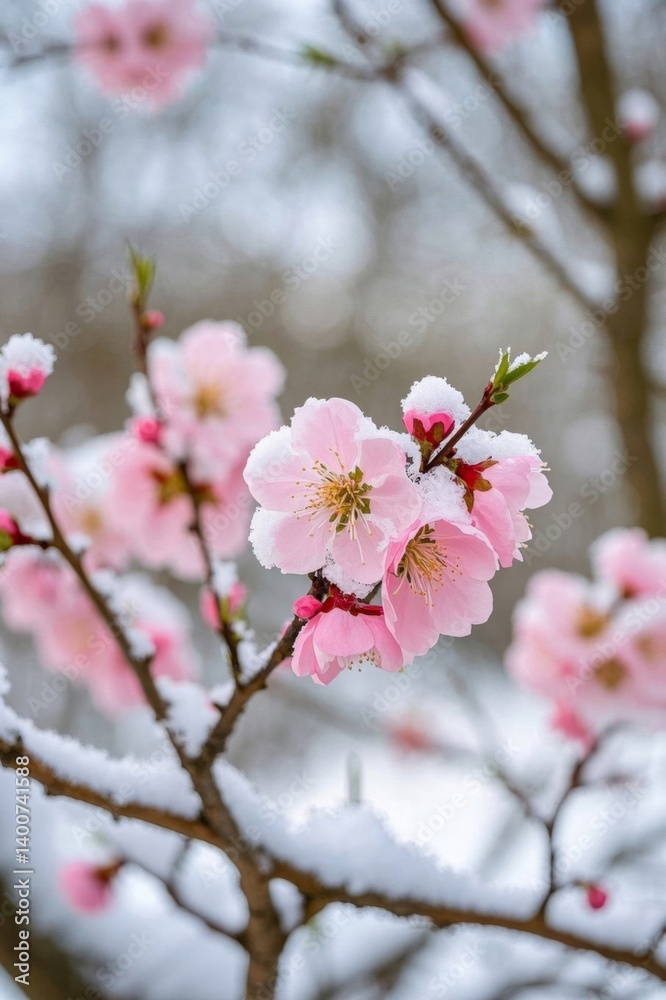 a close up of a pink flower on a tree with snow on it a close up of a pink flower on a tree with snow on it