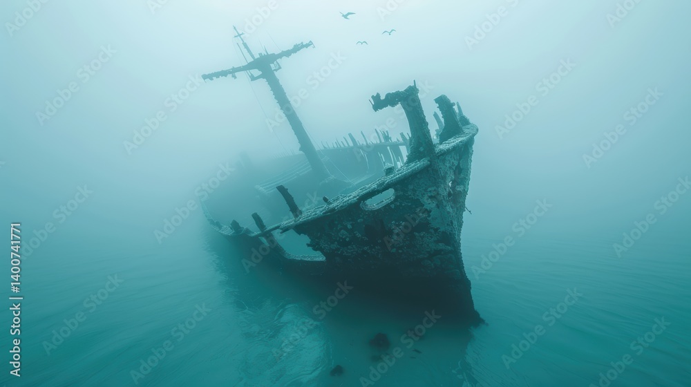 An eerie shipwreck emerges from thick fog, partially submerged in water, with silhouettes of birds flying above, creating a haunting atmosphere. An eerie shipwreck emerges from thick fog, partially submerged in water, with silhouettes of birds flying above, creating a haunting atmosphere.
