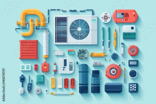 HVAC system components, flat lay, tools, equipment