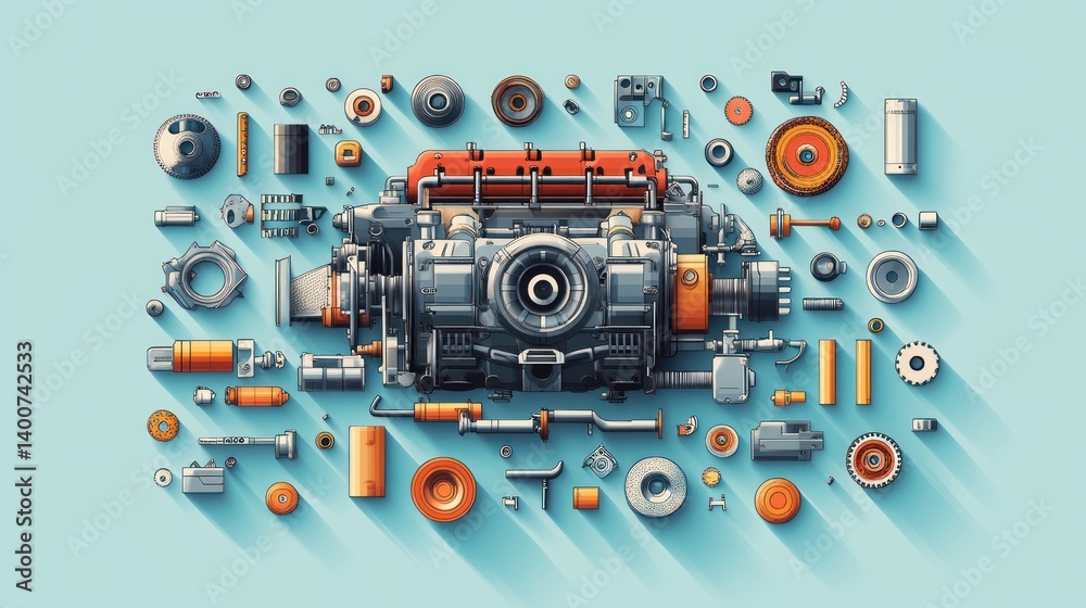 Fototapeta premium Automotive Engine Components Layouts on Light Blue Background