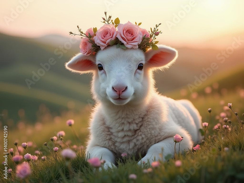 A fluffy white lamb wearing a crown made of wild roses