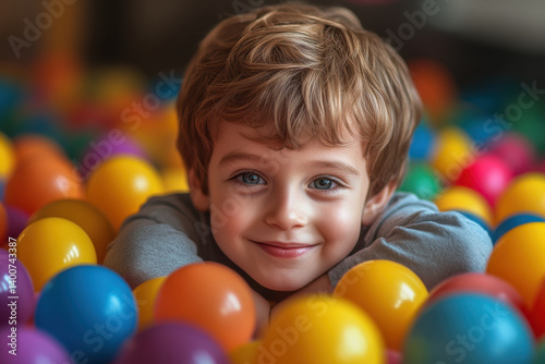 Young boy smiling, playing in ball pit.