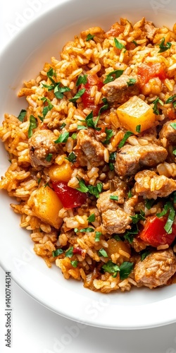 Overhead View of Savory Pork and Pineapple Rice Stir Fry in White Bowl