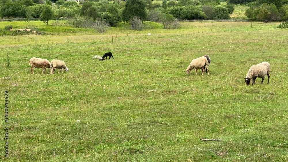A flock of sheep grazes in a field and chews the grass