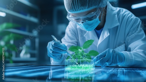 A scientist in a lab examines a glowing plant specimen using precise tools, highlighting advancements in biotechnology and research.