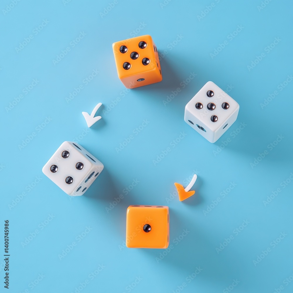 Arrangement of dice and arrow shapes on a blue background creating a circle Arrangement of dice and arrow shapes on a blue background creating a circle