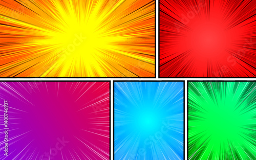 Comic book page template with colorful frames divided by lines with rays, radial, halftone effects, in pop art style. Vector illustration