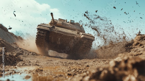 Tank driving through muddy terrain.  Powerful military vehicle navigating a difficult, dusty, and dirty battlefield.  
