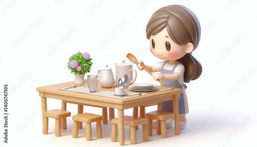 Cooking action scene cute character preparing meal at a dining table in a cozy kitchen Cooking action scene cute character preparing meal at a dining table in a cozy kitchen