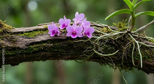 An epiphytic orchid clinging to a branch without soil.