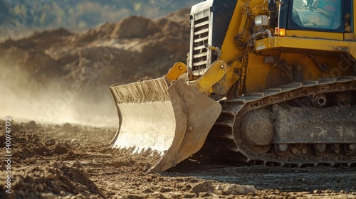 Heavy equipment operator using a bulldozer to clear land at a construction site. Featuring power and control