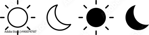 Sun and moon icons set. dark and light mode icons. Screen brightness and contrast level signs. Day and Night icon symbol
