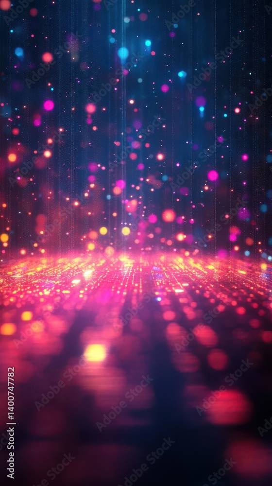 Fototapeta premium Colorful light particles create a mesmerizing display over a dark background during a nighttime event