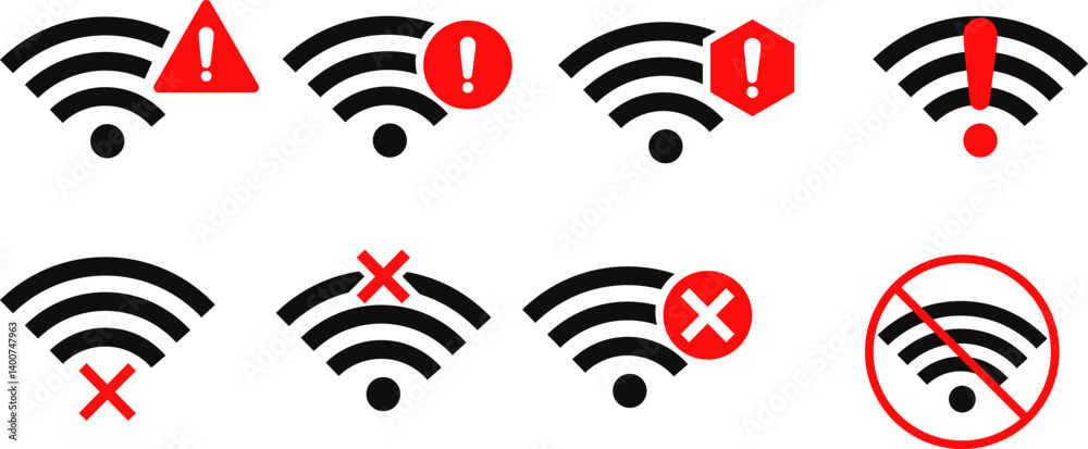 Wifi and wireless problem icon or no wifi icon set. wifi internet no access error icon sign. wifi signal with a prohibition symbol. representing no internet connection. network restriction
Wifi and wireless problem icon or no wifi icon set. wifi internet no access error icon sign. wifi signal with a prohibition symbol. representing no internet connection. network restriction