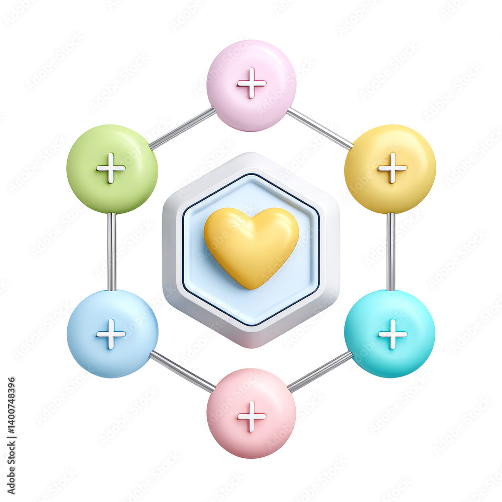 Minimal 3D icon showing a heart with a cross floating in the center Minimal 3D icon showing a heart with a cross floating in the center