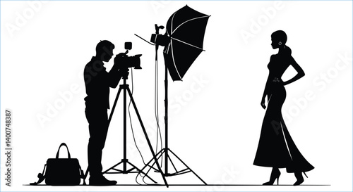 Fashion studio setup with photographer and model silhouettes. Studio photography with female model silhouettes vector