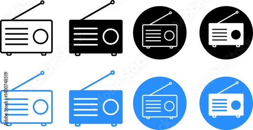 Radio icon set. Electronic Device. Communication Media icon sign. FM broadcast symbol Old retro Receiver waves