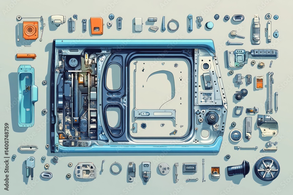 Fototapeta premium Detailed exploded view of a light blue device, surrounded by components, on a light gray background. Use Engineering, technical illustration