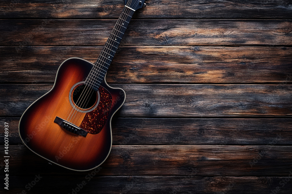 Fototapeta premium Guitar resting on a wooden surface, sunlight filtering through window, casting shadows.
