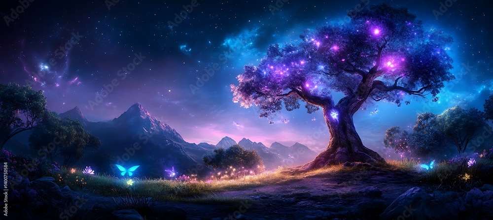 A fantastical night landscape featuring a glowing tree and butterflies A fantastical night landscape featuring a glowing tree and butterflies