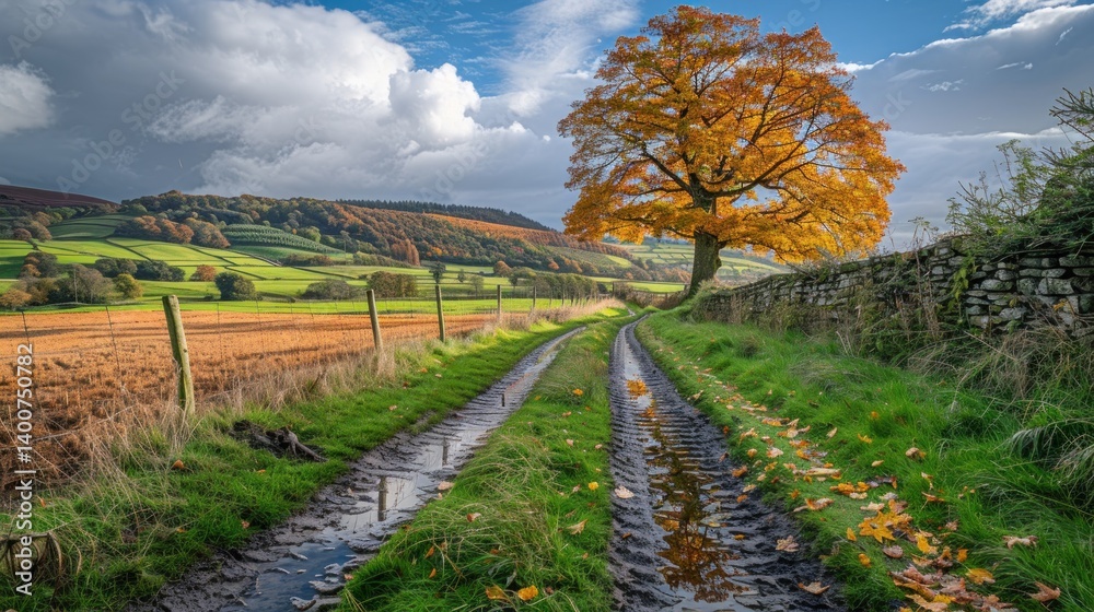 Fototapeta premium Autumnal Country Lane with Colorful Trees and Rolling Hills