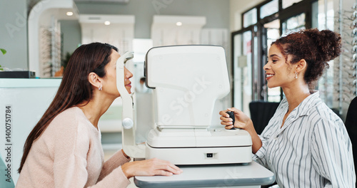 Canvastavla Healthcare, eye test or equipment with optometrist and patient in clinic for visual assessment