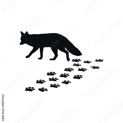 Fox Silhouette Walking Leaving Footprints Trail Vector Illustration Isolated On White Background For Design Elements