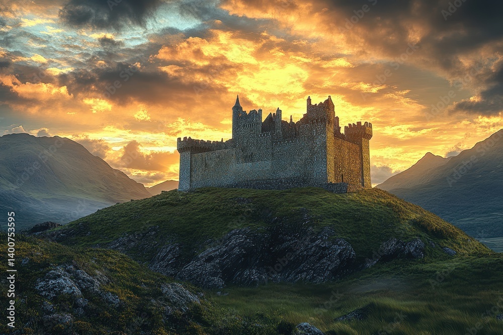 Obraz premium Stunning medieval castle at sunset surrounded by mountains and vivid clouds