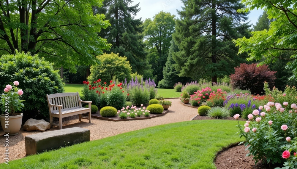 Fototapeta premium Romantic garden with stone bench and roses, peaceful retreat