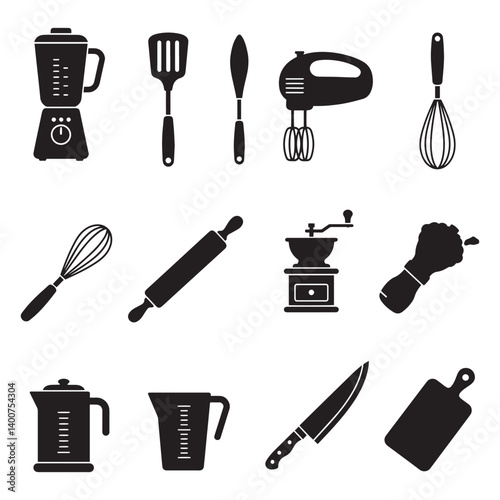 Icon pack for cooking utensils in line and flat art style with whisk spatula fork spoon knife rolling pin ladle and cloche for culinary design