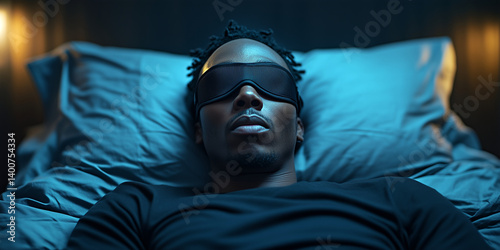 Sleeping Black man in a dim bedroom, reflecting good sleep hygiene, quality sleep, bedtime routine, sleep mask, sleep habits, African American man