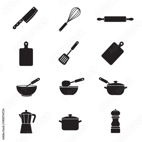 Flat and outline utensil icon collection for kitchen tools like fork spoon knife whisk ladle tongs and cloche for restaurant graphics
