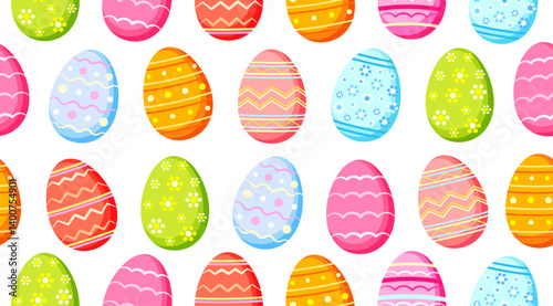 Seamless background with different Easter eggs in cartoon style. Vector illustration of a pattern with Easter eggs decorated with floral, geometric ornaments isolated on a white background. Banner. 