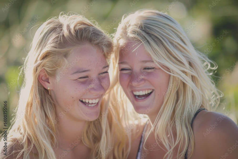 Fototapeta premium two blond young women laughing and having fun together in nature