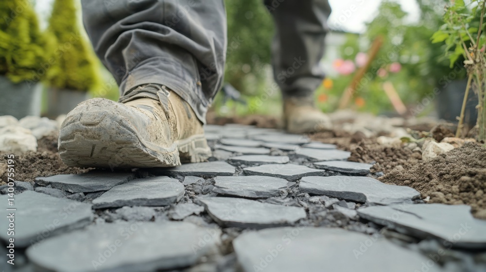 Landscaper installing a stone pathway in a garden. Featuring attention to detail and design Landscaper installing a stone pathway in a garden. Featuring attention to detail and design