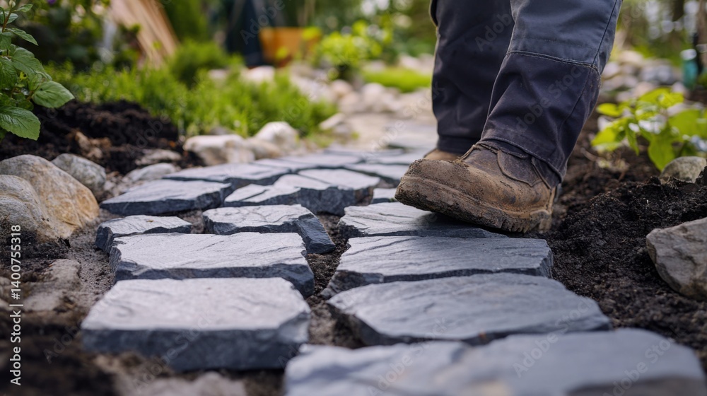 Landscaper installing a stone pathway in a garden. Featuring design and landscaping expertise Landscaper installing a stone pathway in a garden. Featuring design and landscaping expertise